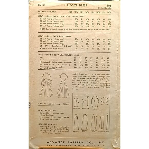 Advance 8210 Vintage 1950s Half-Size Dress Sewing Pattern Size 18 1/2 - Picture 2 of 2